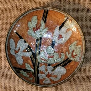 Brass Cloisonne Enamel Floral Pedestal‎ Dish Footed Plate Flowers Made In India